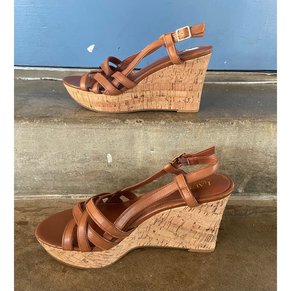 LAUREN Ralph Lauren brown slingback strappy cork wrapped platform wedge - Picture 3 of 8